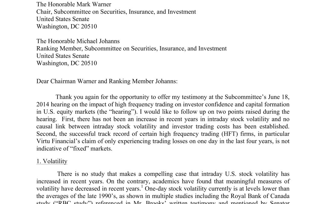Hal S. Scott Submits Follow-up Letter to Senate Hearing on High-Frequency Trading