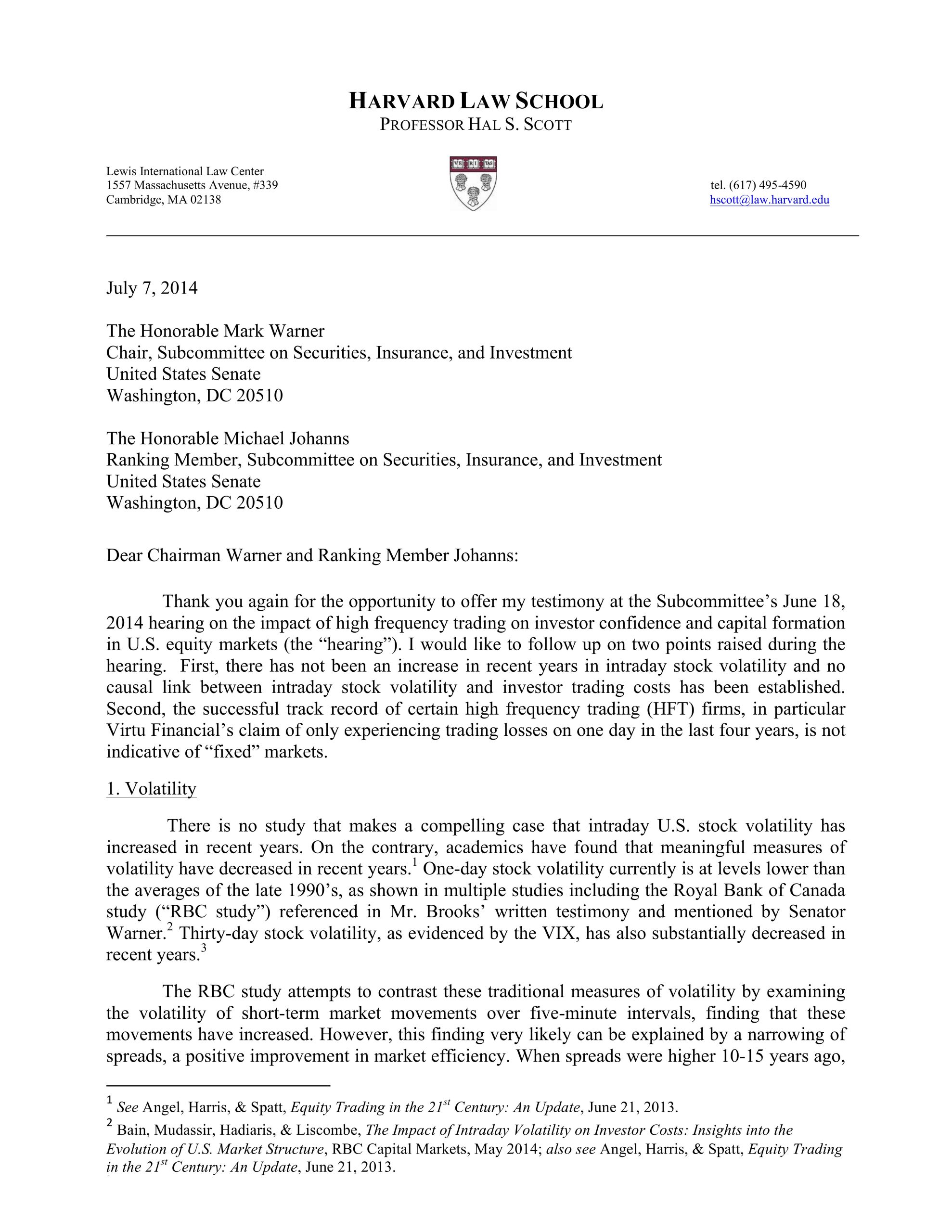 Hal S. Scott Submits Follow-up Letter to Senate Hearing on High-Frequency Trading