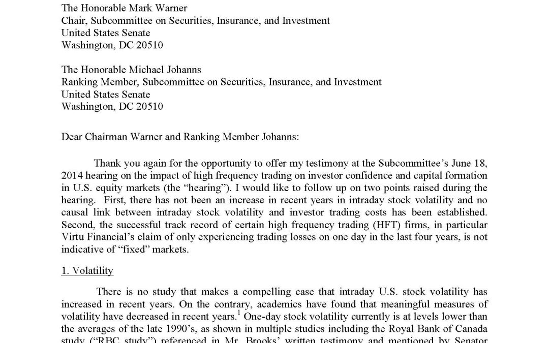 Hal S. Scott Submits Follow-up Letter to Senate Hearing on High-Frequency Trading
