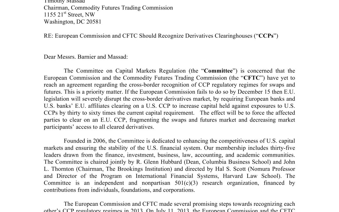 Comment Letter to the European Commission and Commodities Futures Trading Commission Regarding Cross-Border Recognition of Derivatives Clearinghouses