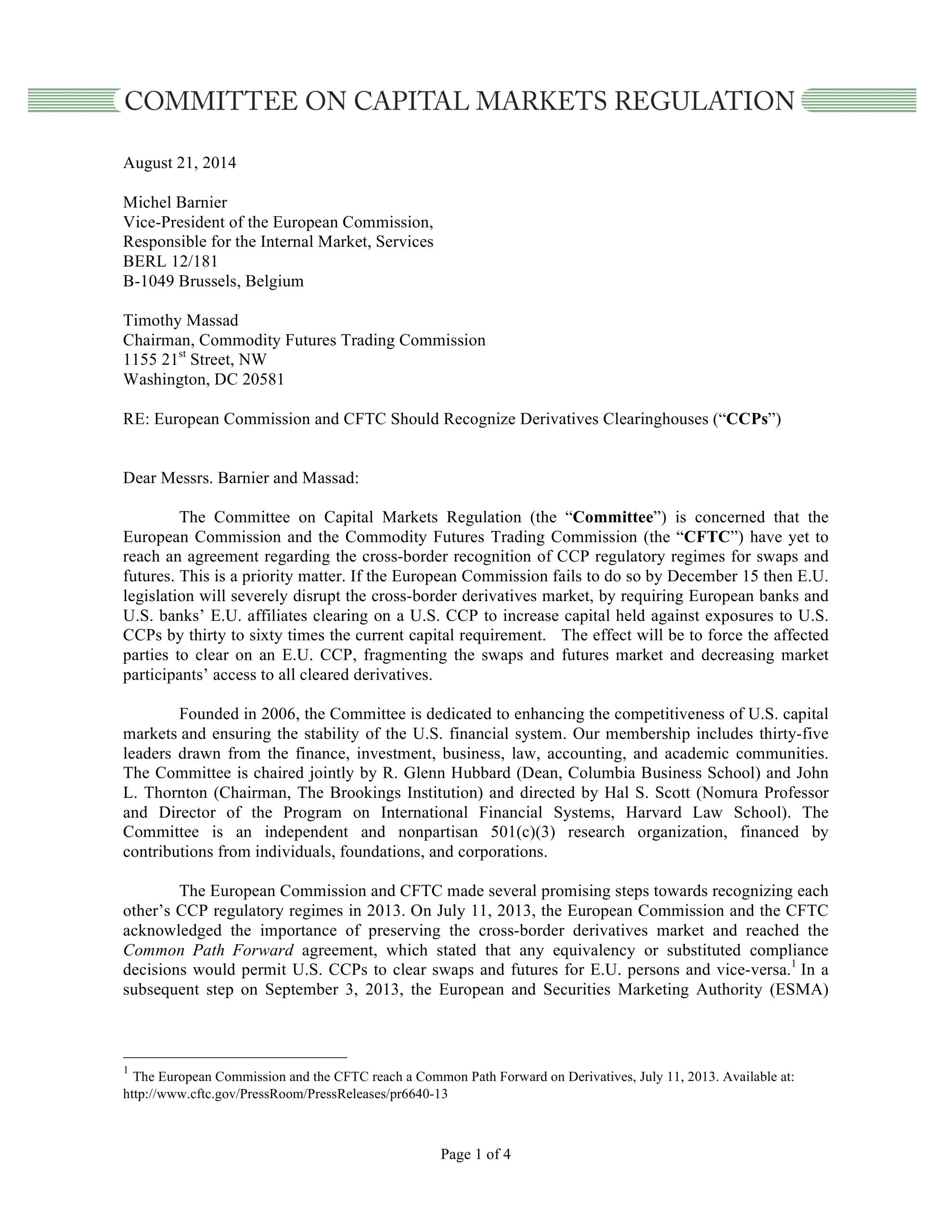 Comment Letter to the European Commission and Commodities Futures Trading Commission Regarding Cross-Border Recognition of Derivatives Clearinghouses