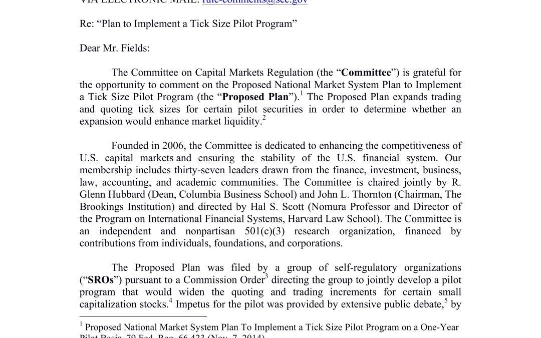 Comment Letter to SEC on Tick Size Pilot Program
