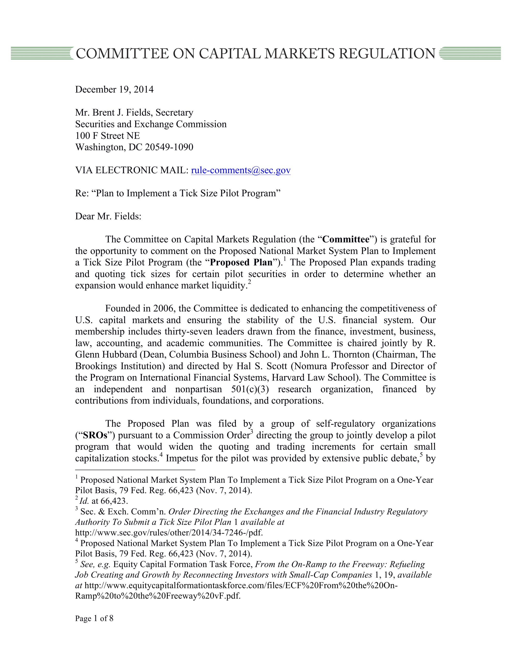 Comment Letter to SEC on Tick Size Pilot Program