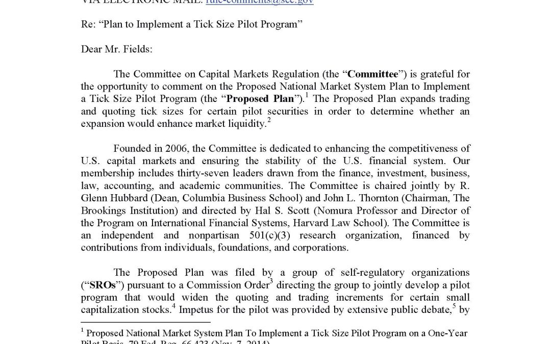 Comment Letter to SEC on Tick Size Pilot Program