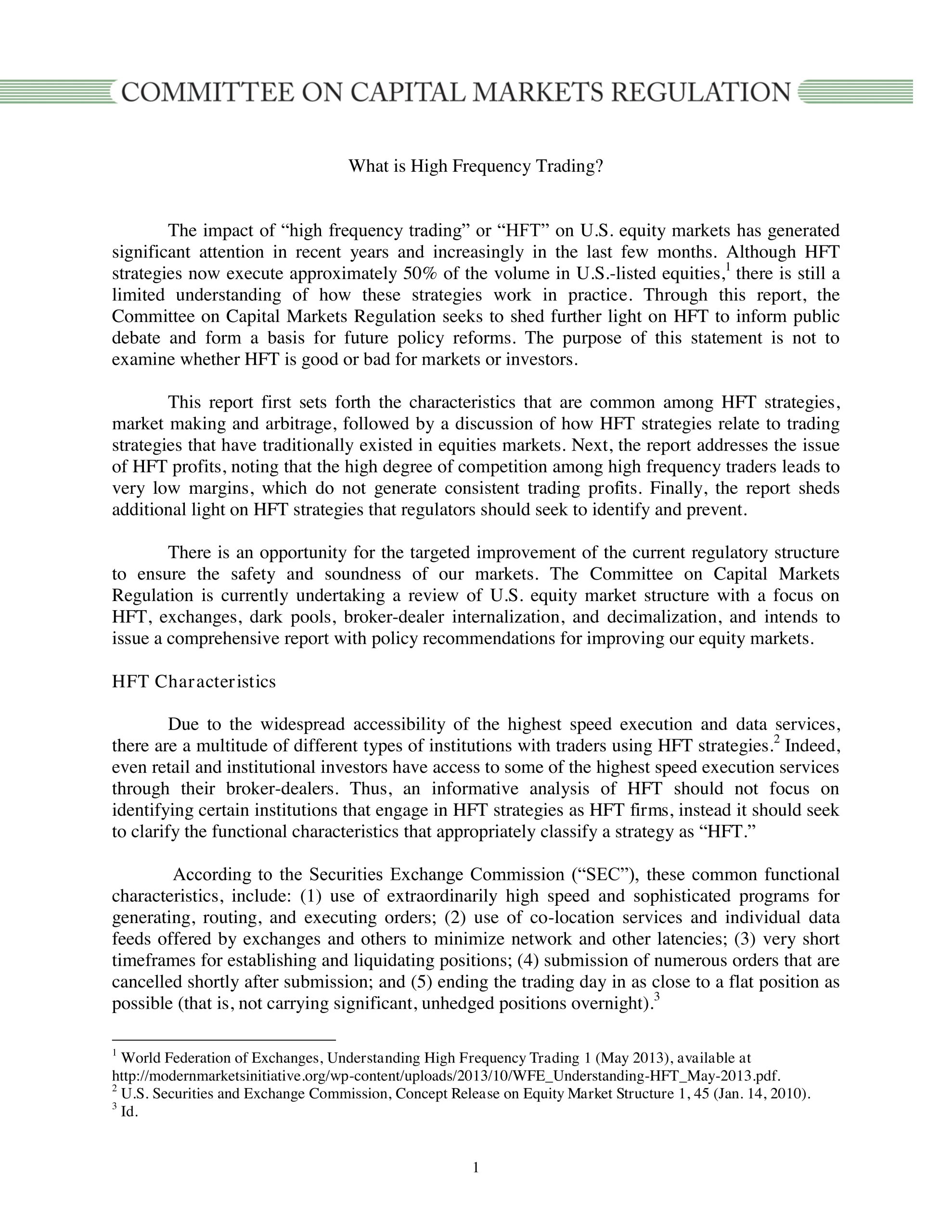 Nothing But the Facts Statement: High Frequency Trading