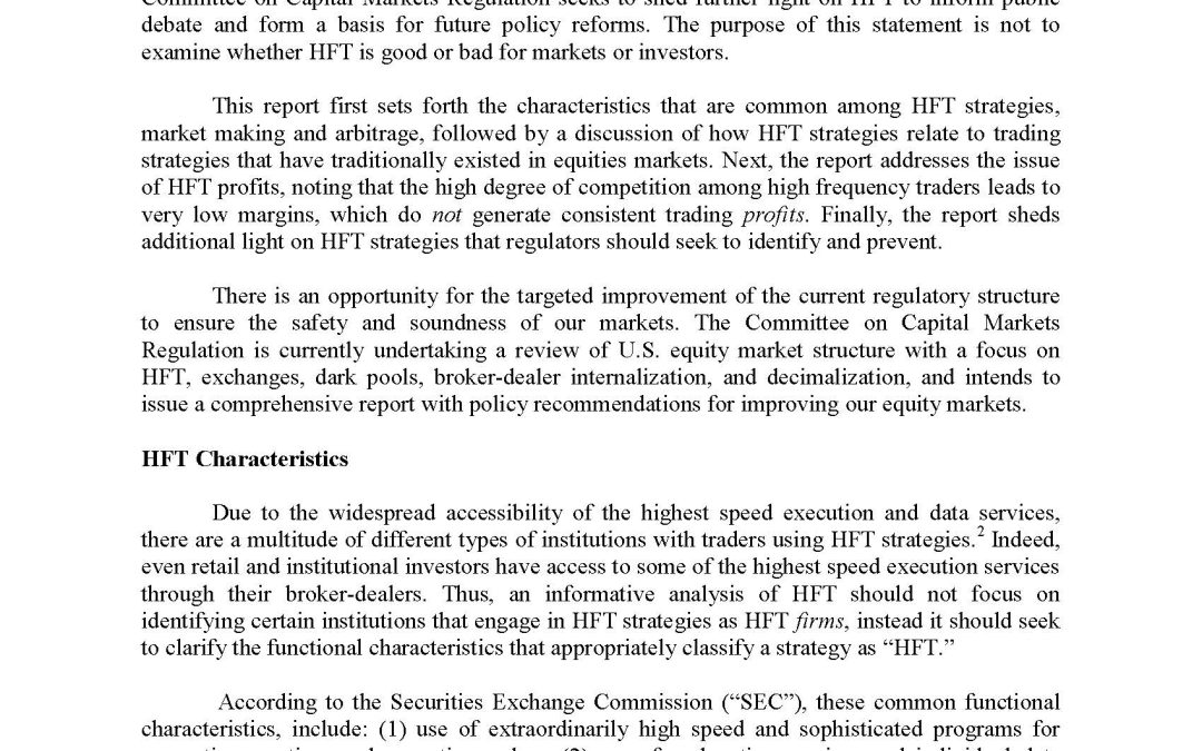 Nothing But the Facts Statement: High Frequency Trading