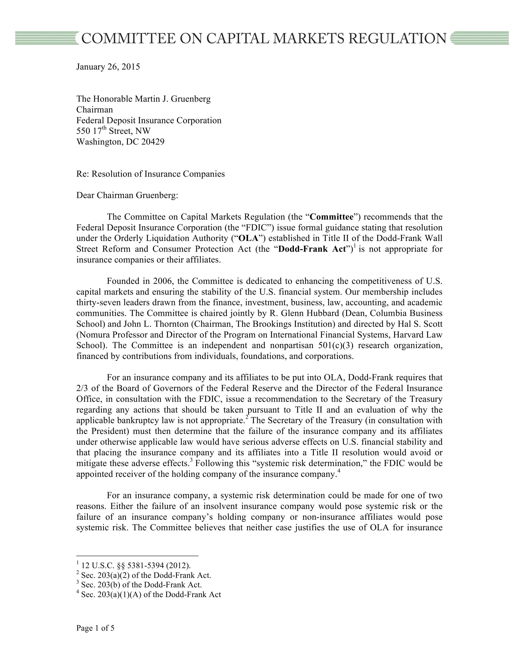 Comment Letter to FDIC on Resolution of Insurance Companies