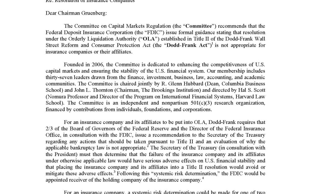 Comment Letter to FDIC on Resolution of Insurance Companies