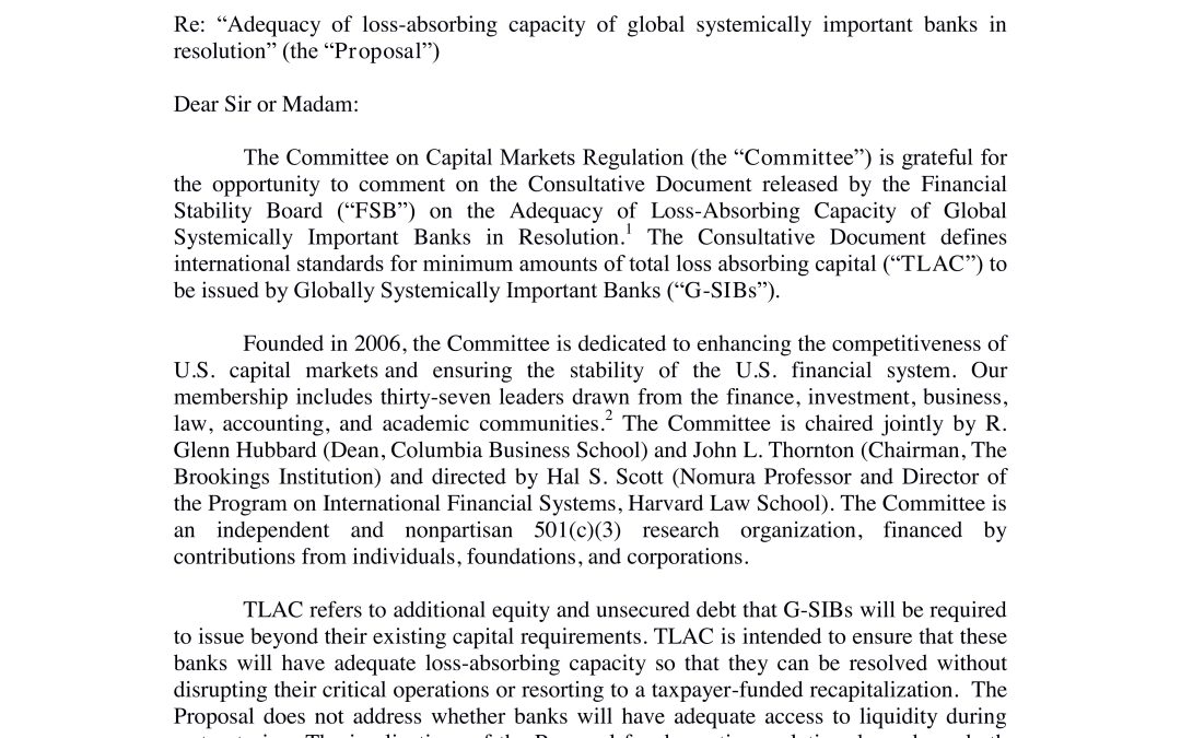 Comment Letter to FSB on TLAC Consultation