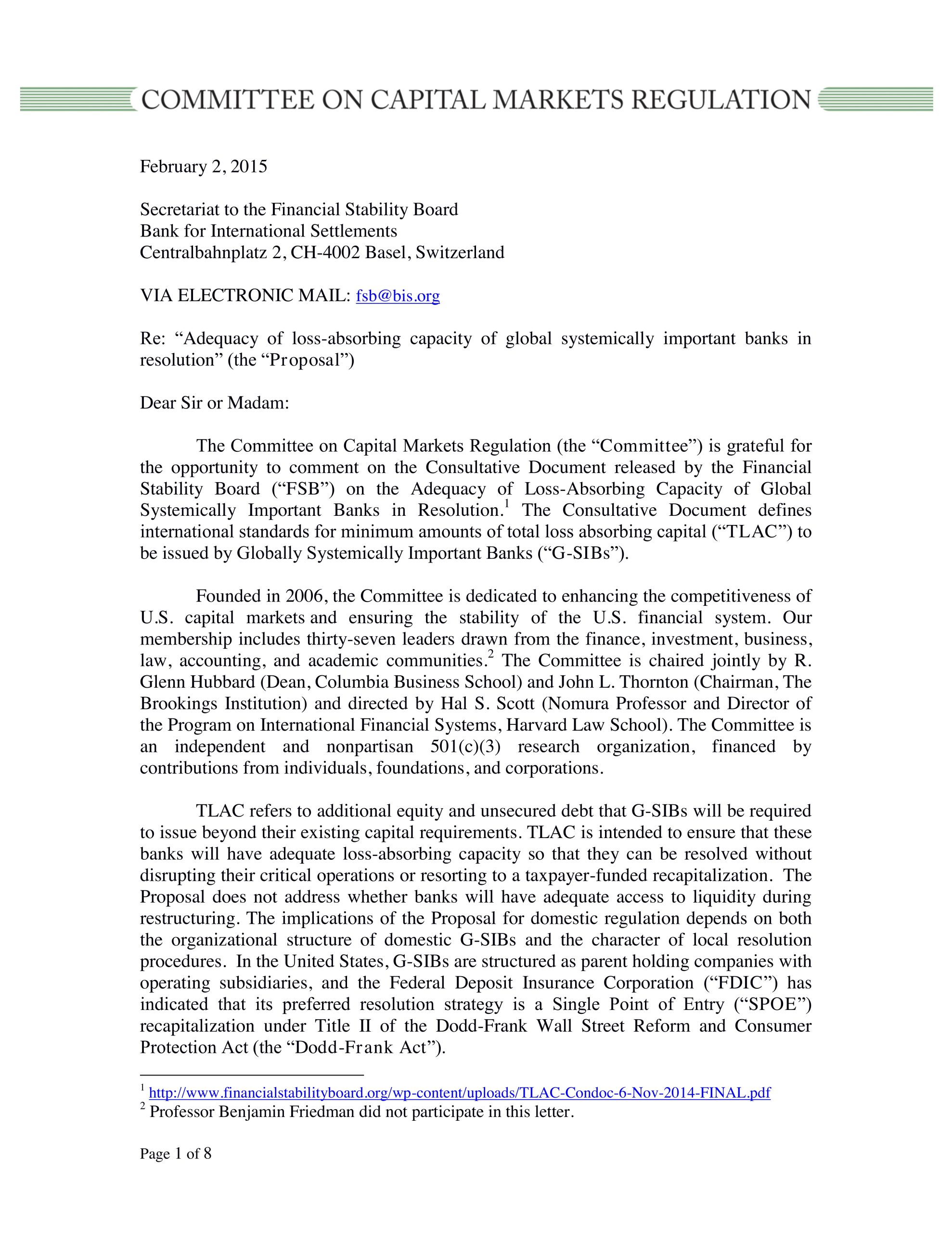 Comment Letter to FSB on TLAC Consultation