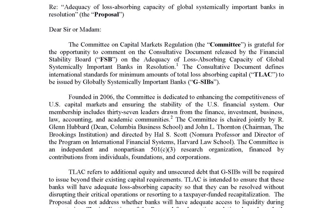 Comment Letter to FSB on TLAC Consultation