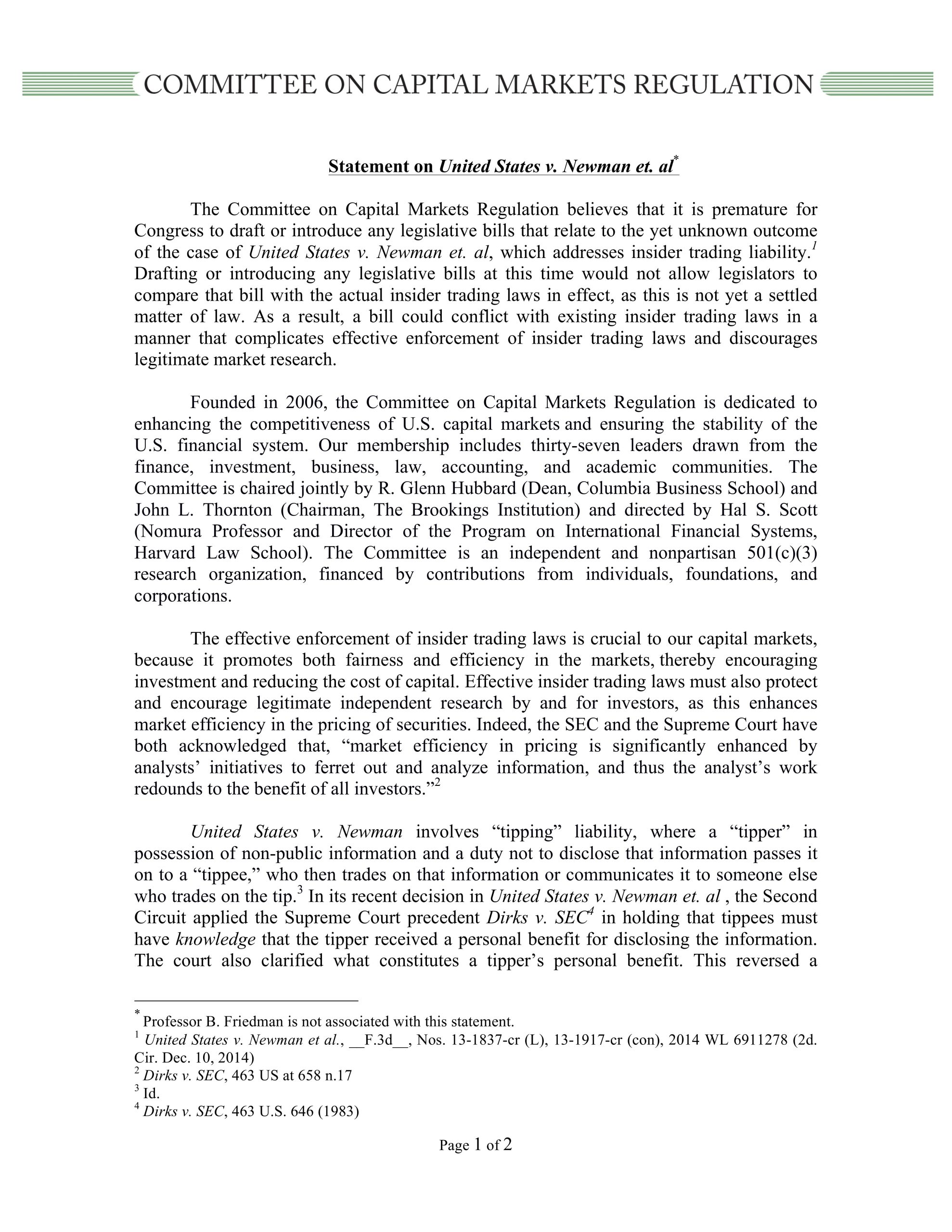 Statement on Bills Related to U.S. v. Newman