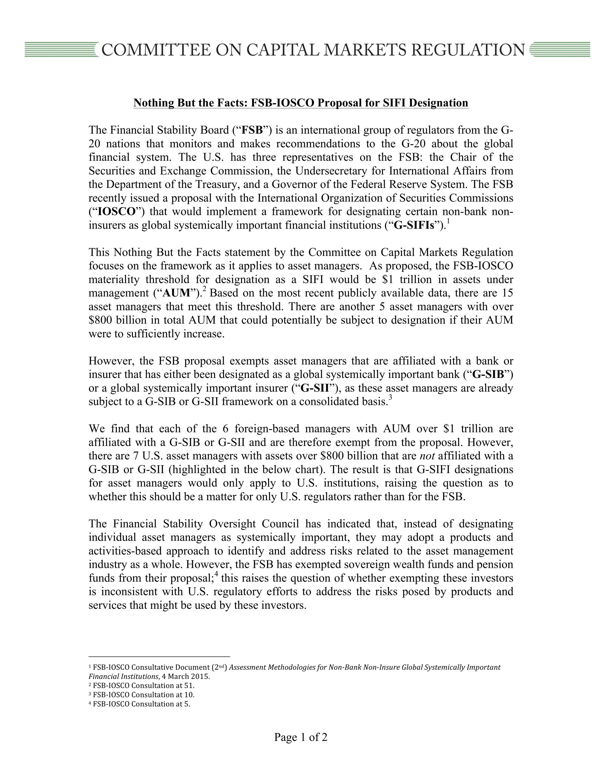 Nothing But the Facts Statement: FSB Designation of U.S. Asset Managers as G-SIFIs