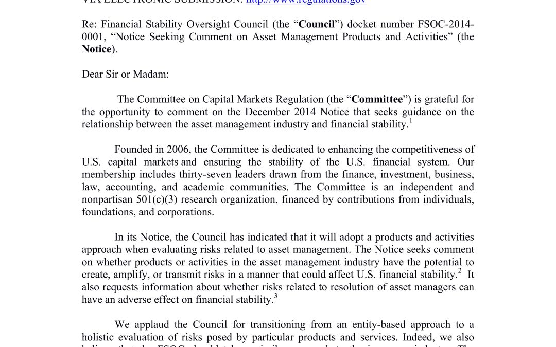 Comment Letter to FSOC on Asset Management Products/Activities