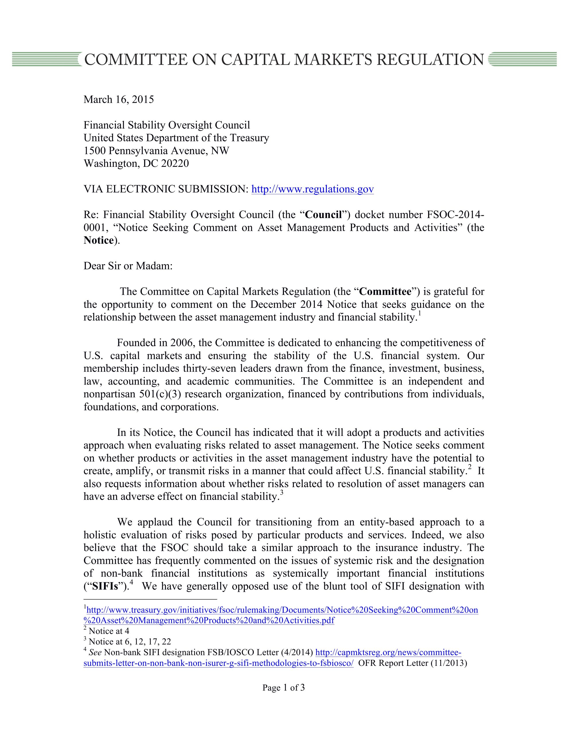 Comment Letter to FSOC on Asset Management Products/Activities