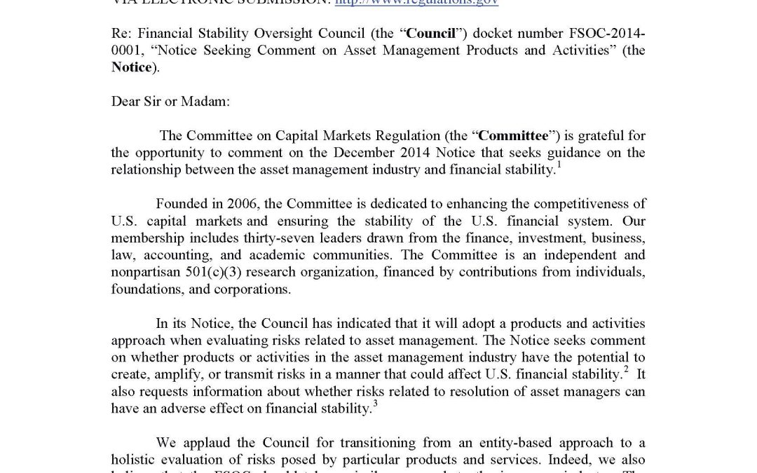 Comment Letter to FSOC on Asset Management Products/Activities