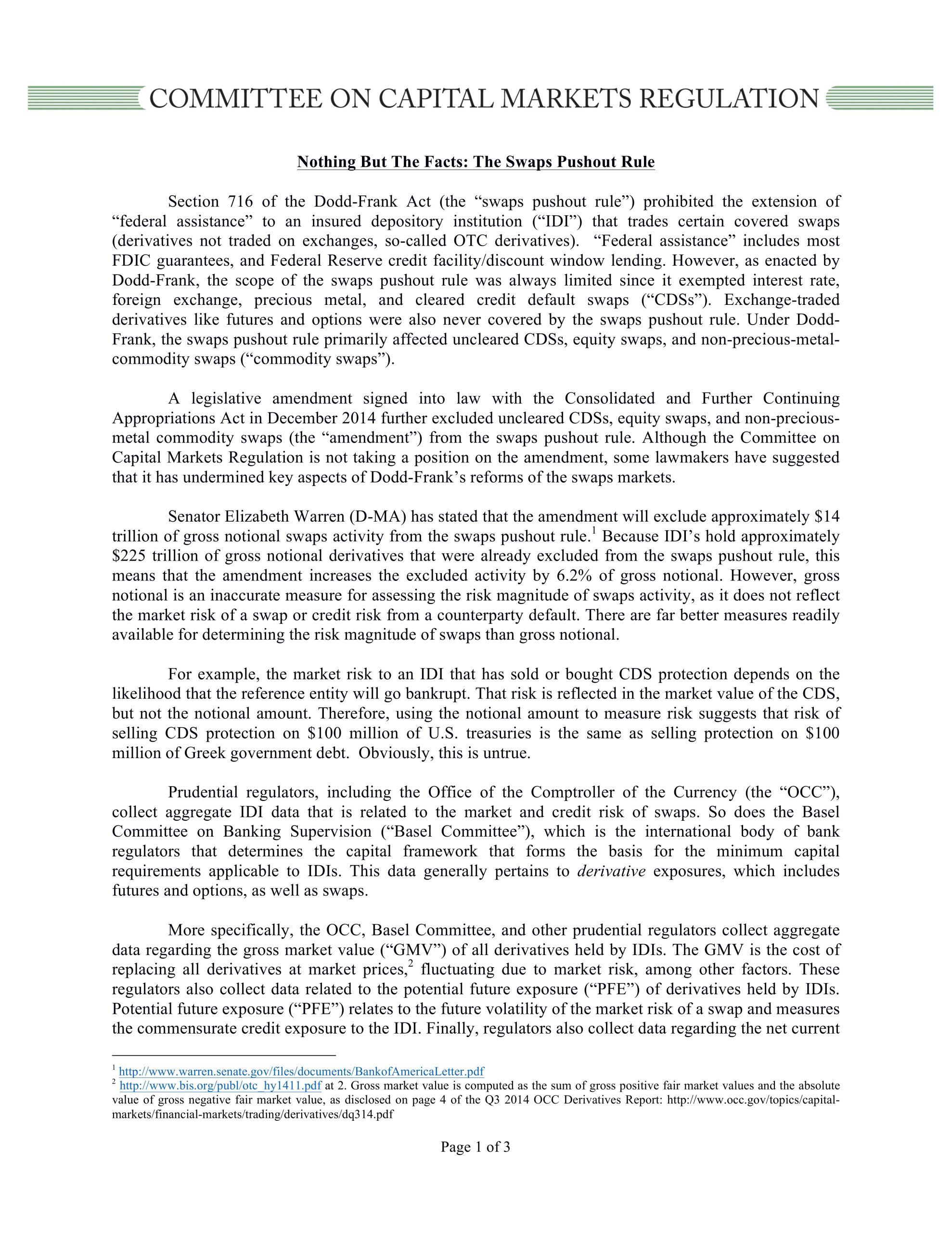 Nothing But the Facts Statement: Swaps Push-out Rule
