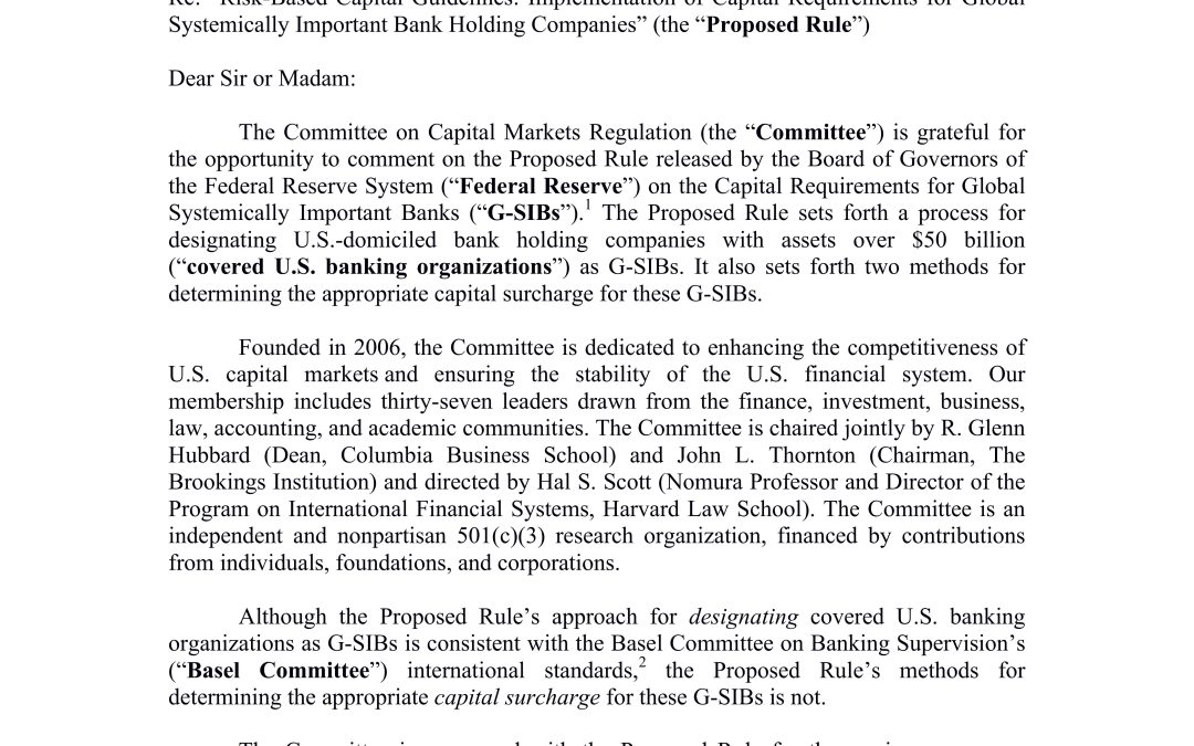 Comment Letter to Fed on G-SIB Capital Requirement Proposed Rule