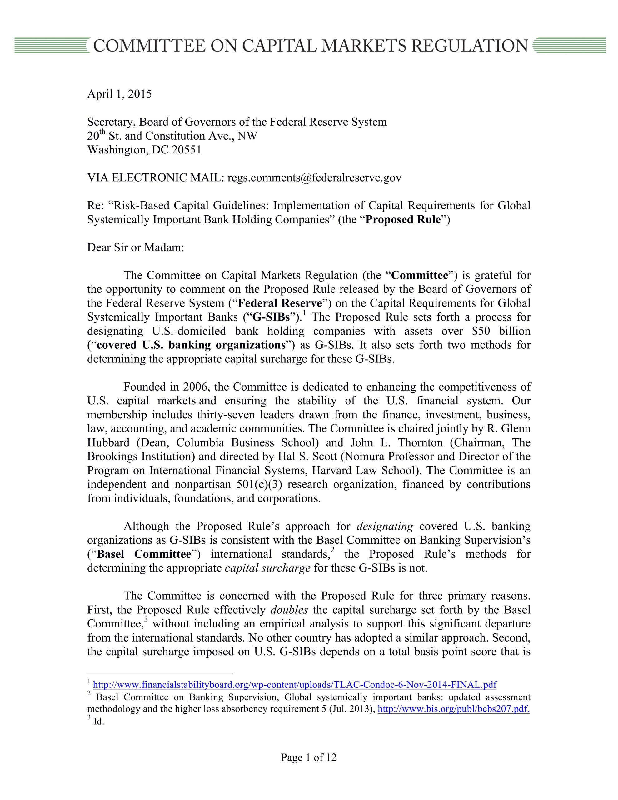 Comment Letter to Fed on G-SIB Capital Requirement Proposed Rule