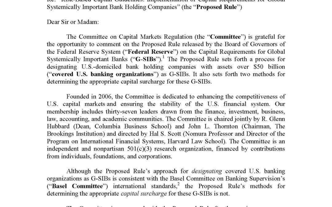 Comment Letter to Fed on G-SIB Capital Requirement Proposed Rule