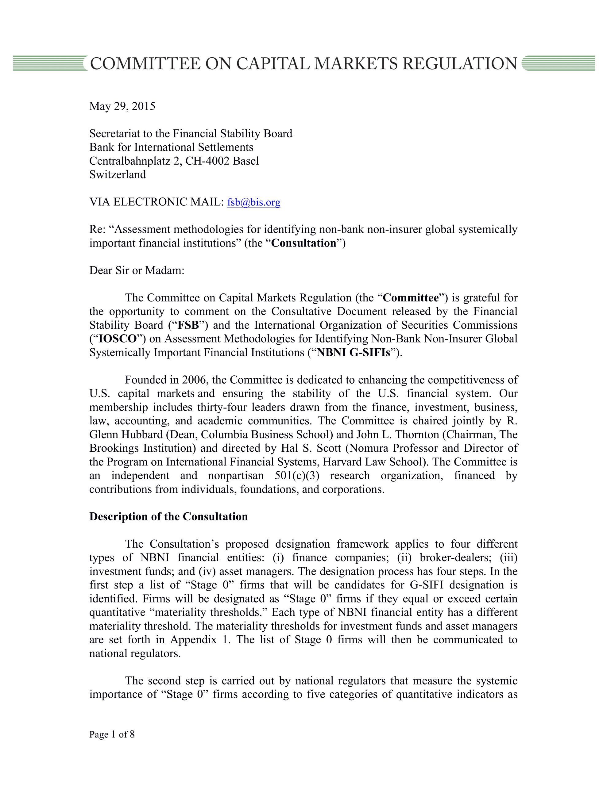 Comment Letter to FSB/IOSCO on Non-bank Non-Insurer G-SIFIs