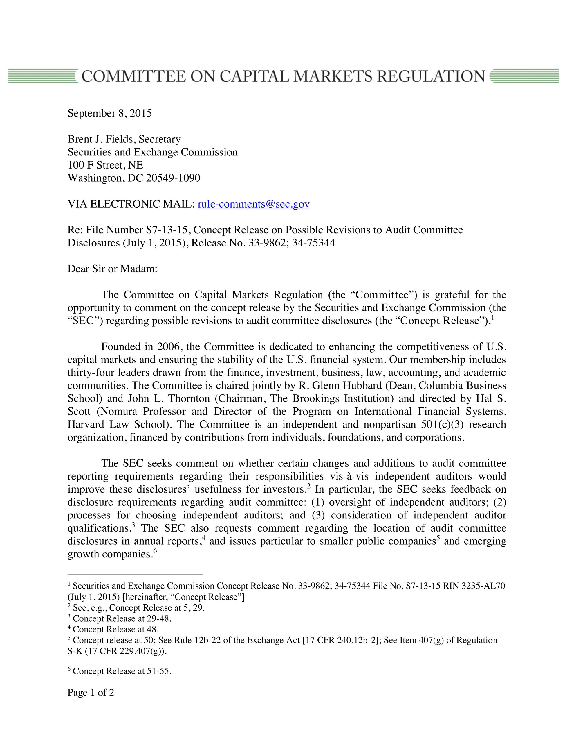 Comment Letter to SEC on Revisions to Audit Committee Disclosures
