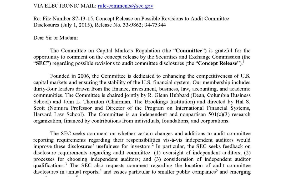 Comment Letter to SEC on Revisions to Audit Committee Disclosures