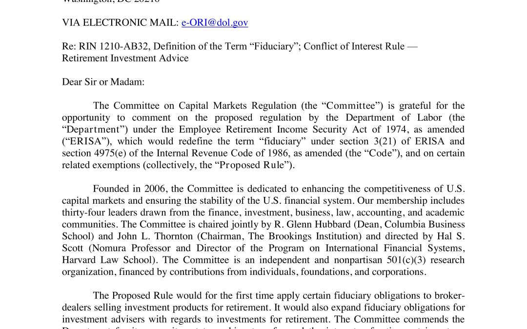 Comment Letter on the DOL’s Fiduciary Duty Proposed Rule