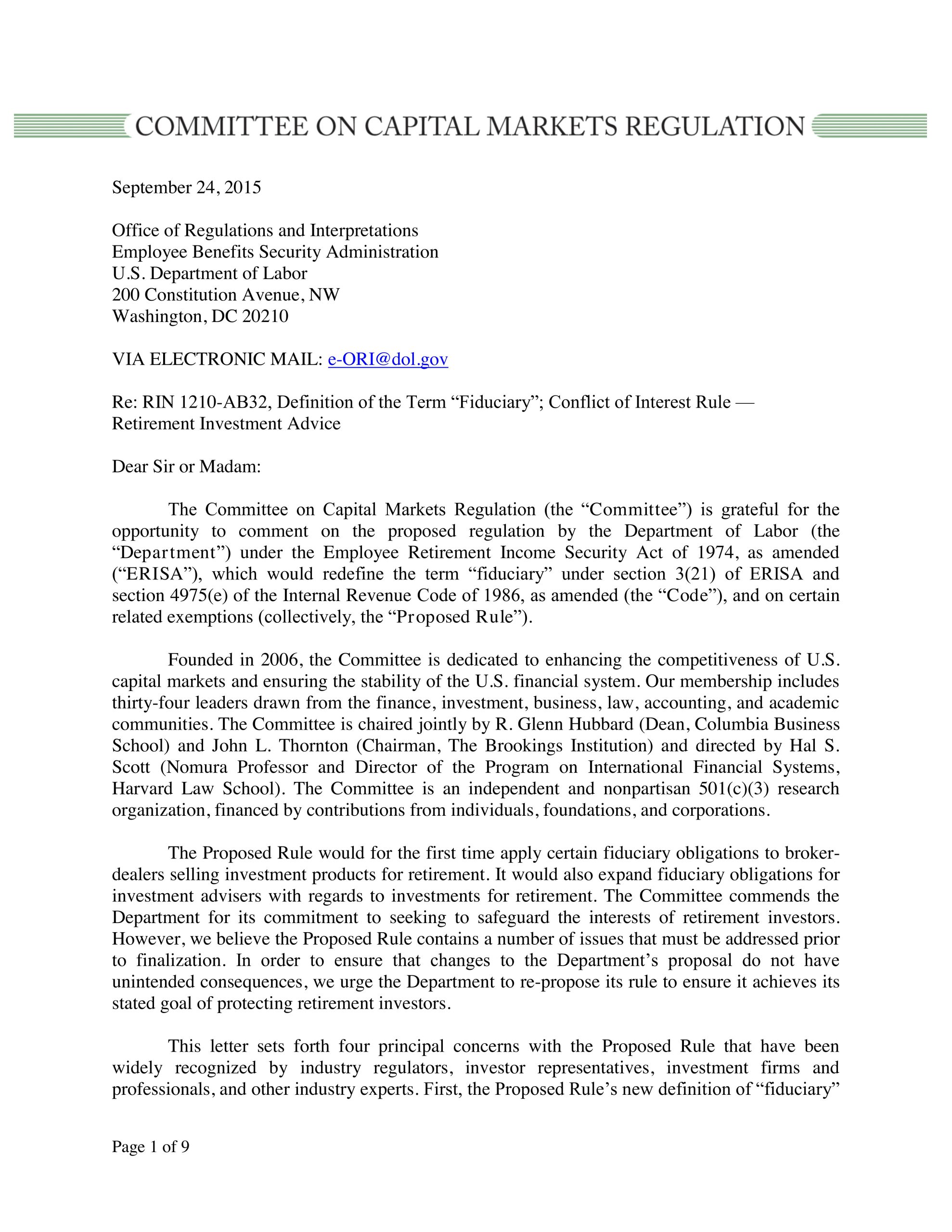 Comment Letter on the DOL’s Fiduciary Duty Proposed Rule