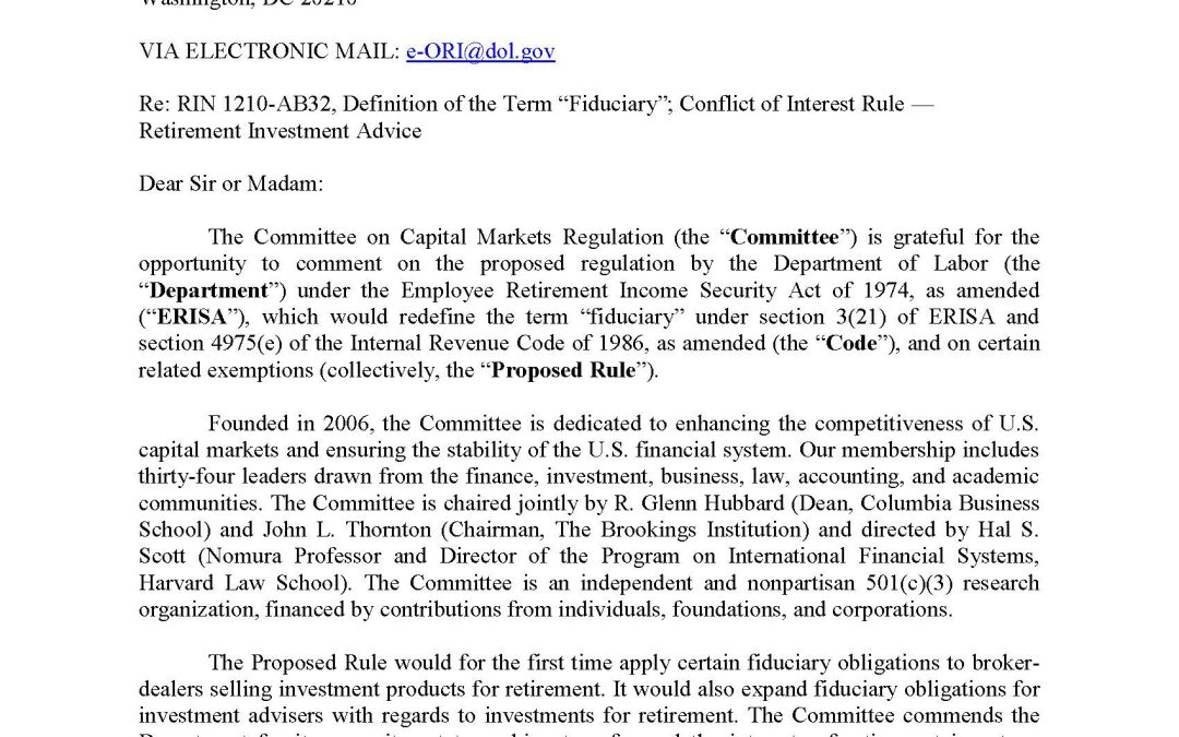 Comment Letter on the DOL’s Fiduciary Duty Proposed Rule