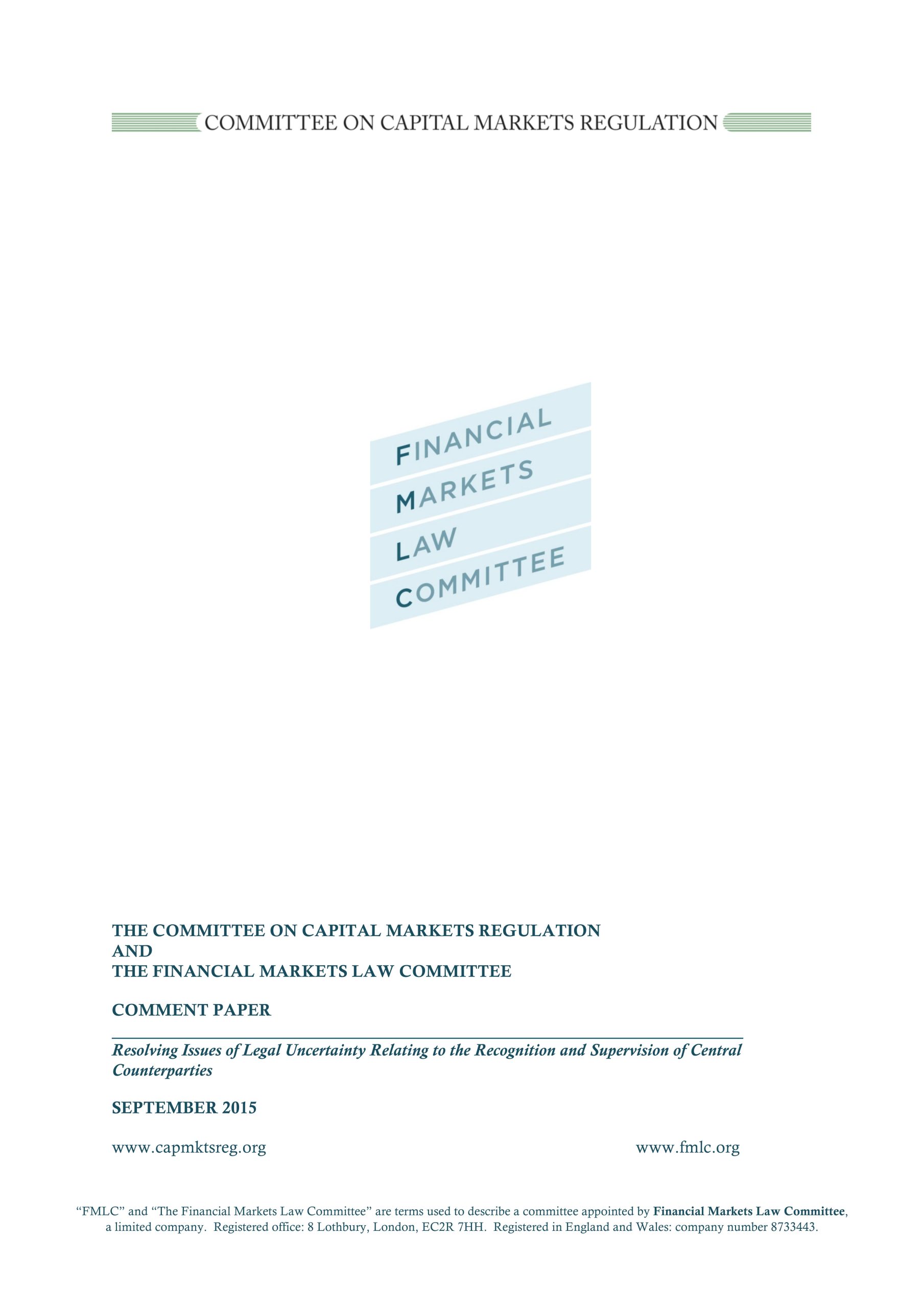 Joint Report: Committee & FMLC on EU-US CCP Recognition
