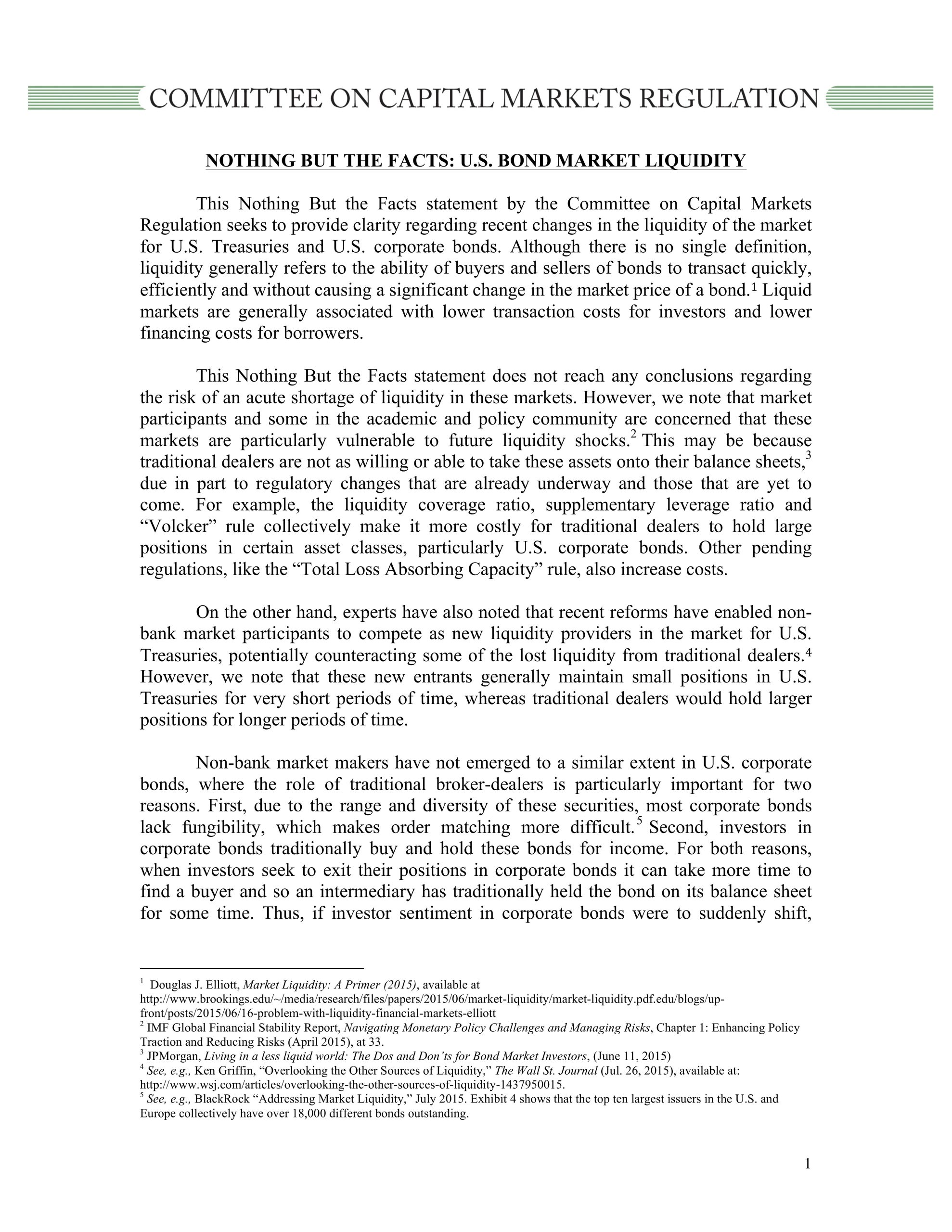 Nothing But the Facts Statement: U.S. Bond Market Liquidity