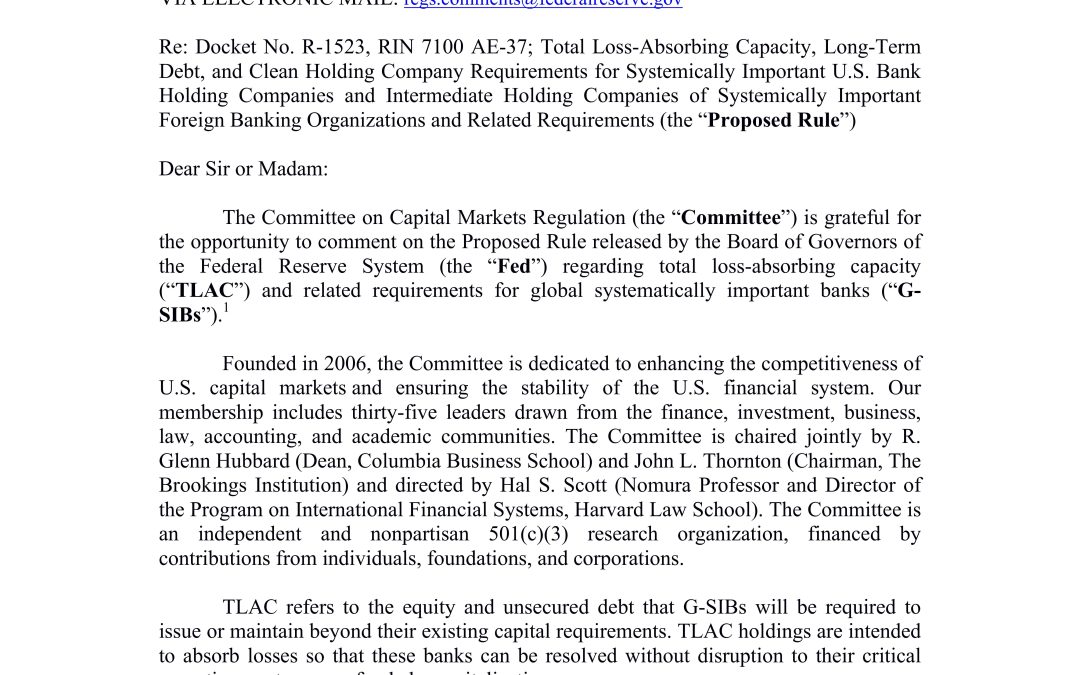 Comment Letter on Fed’s Total Loss-Absorbing Capacity Proposed Rule