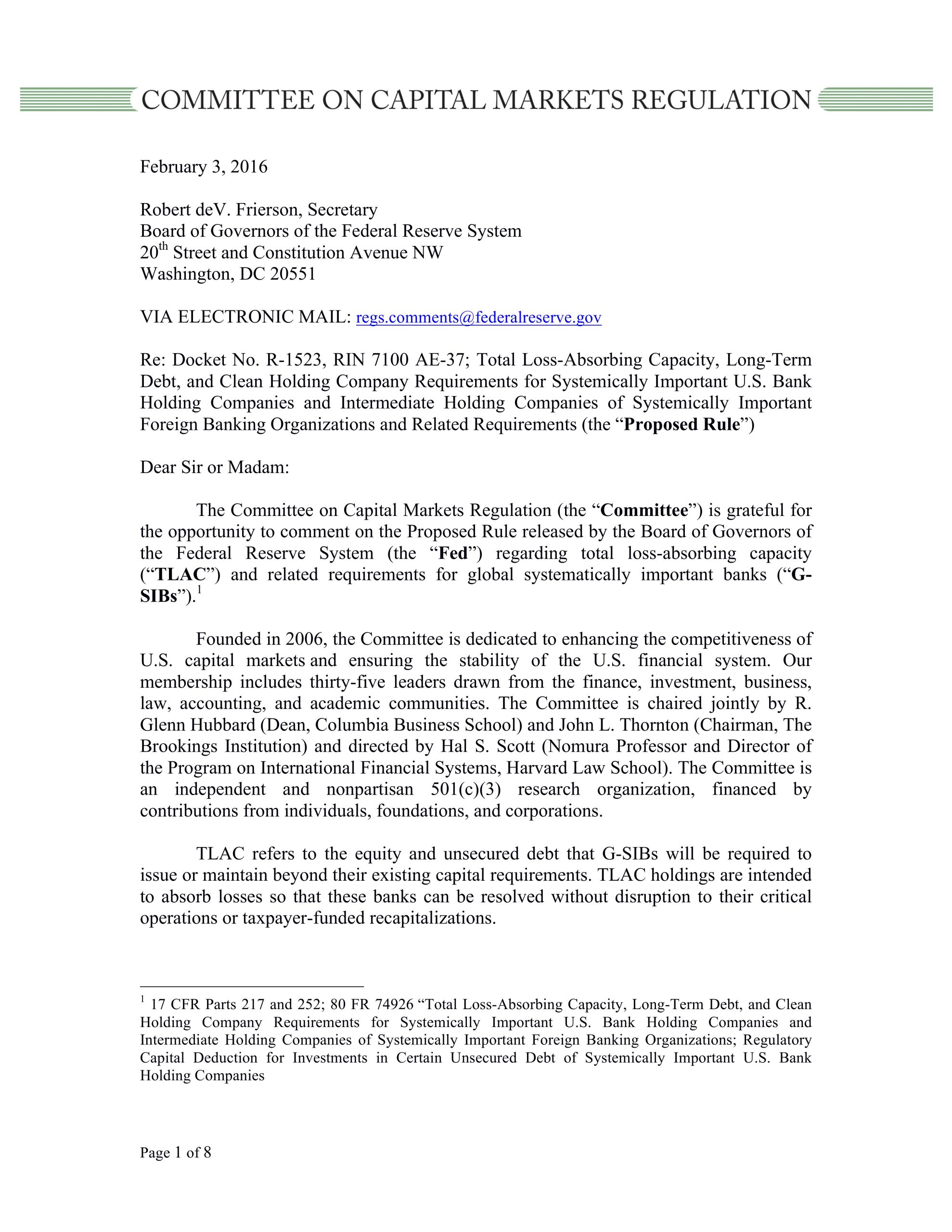 Comment Letter on Fed’s Total Loss-Absorbing Capacity Proposed Rule