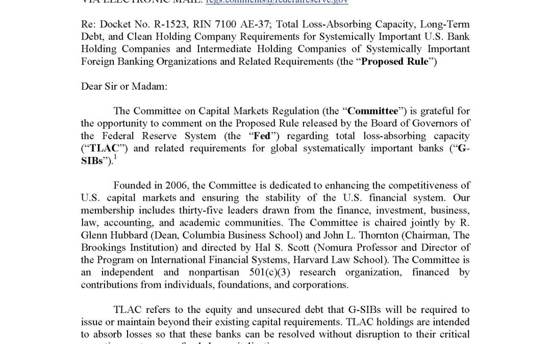 Comment Letter on Fed’s Total Loss-Absorbing Capacity Proposed Rule