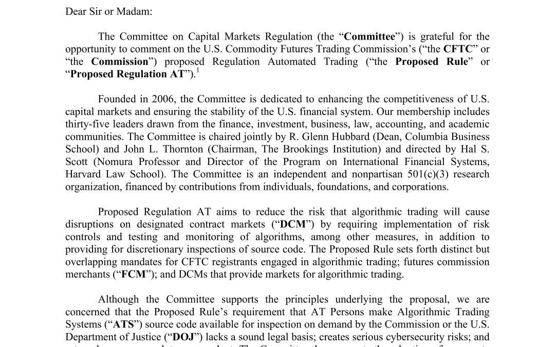 Comment Letter on CFTC’s Regulation Automated Trading Proposed Rule