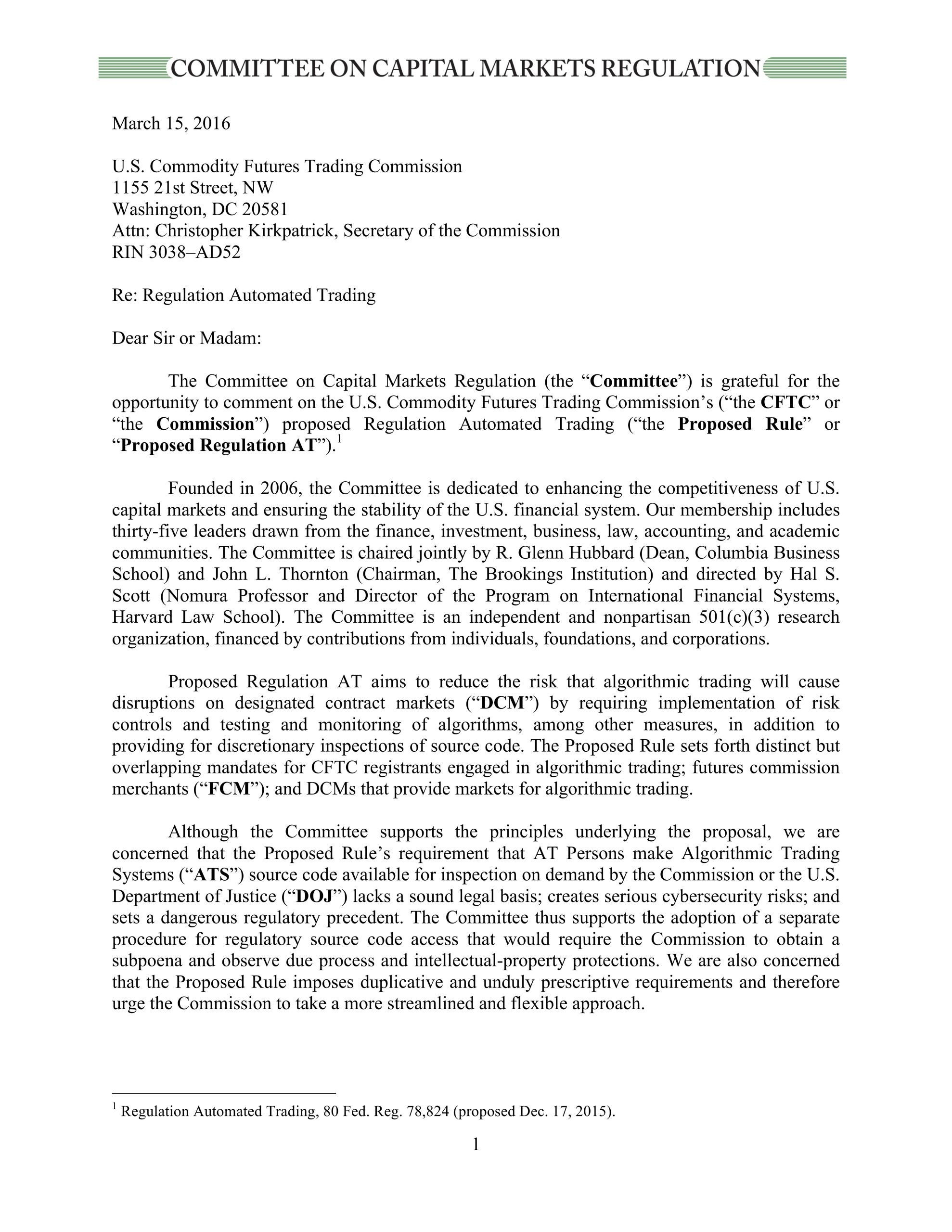 Comment Letter on CFTC’s Regulation Automated Trading Proposed Rule