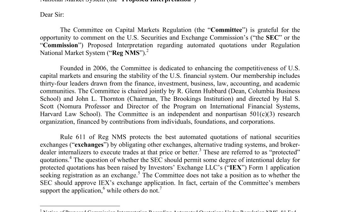 Comment Letter to SEC Regarding Automated Quotations Under Regulation NMS