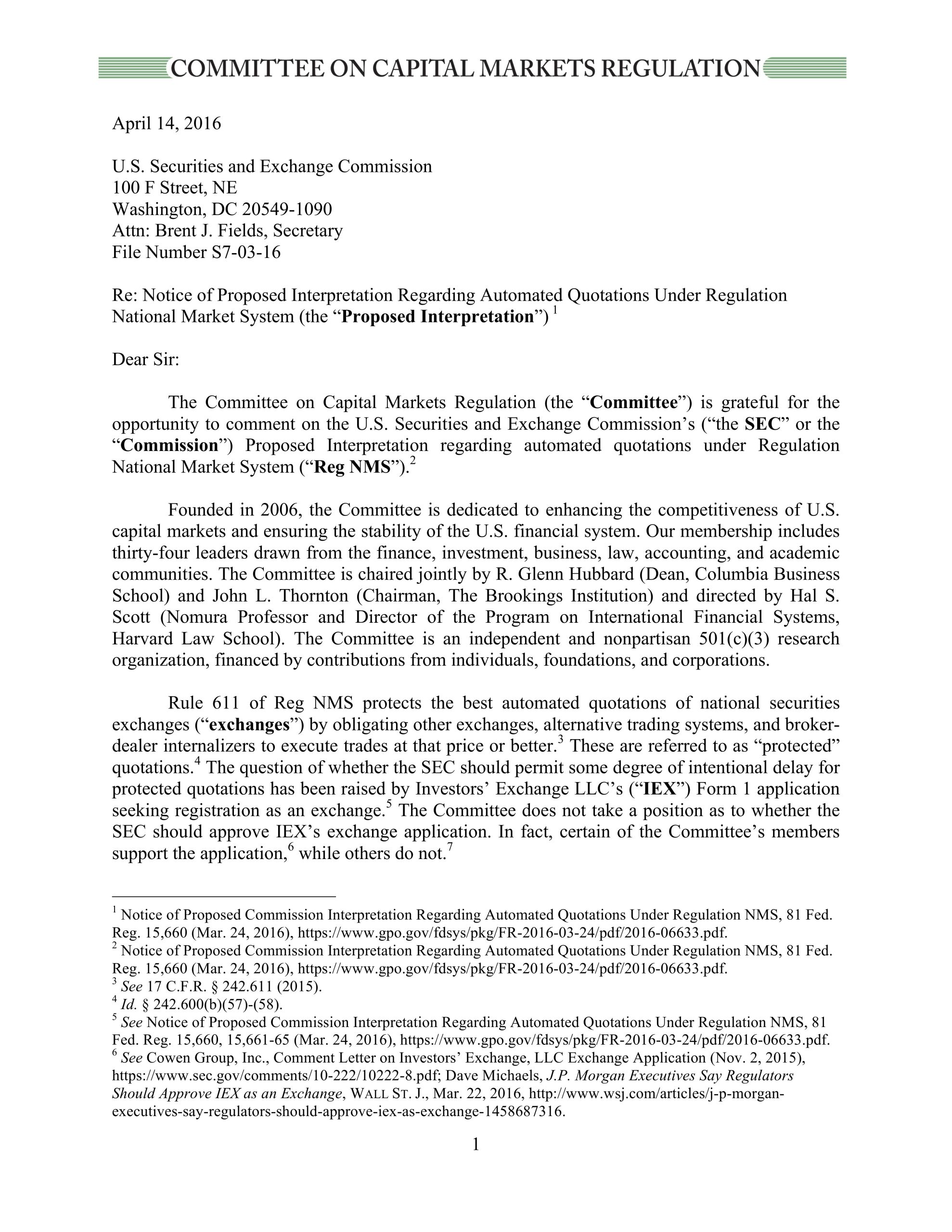 Comment Letter to SEC Regarding Automated Quotations Under Regulation NMS