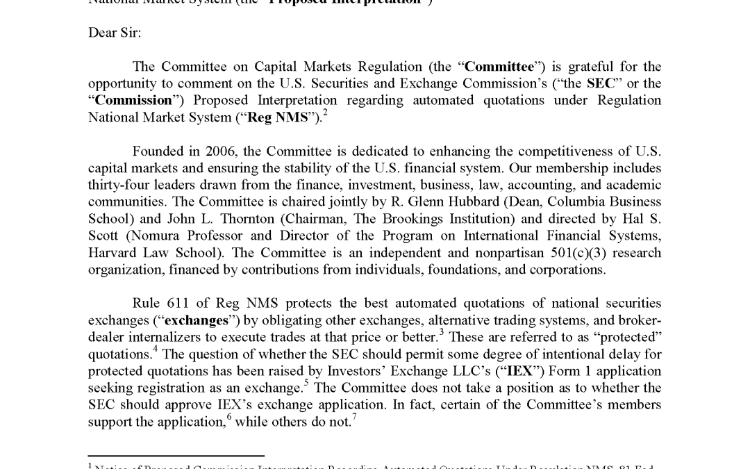 Comment Letter to SEC Regarding Automated Quotations Under Regulation NMS