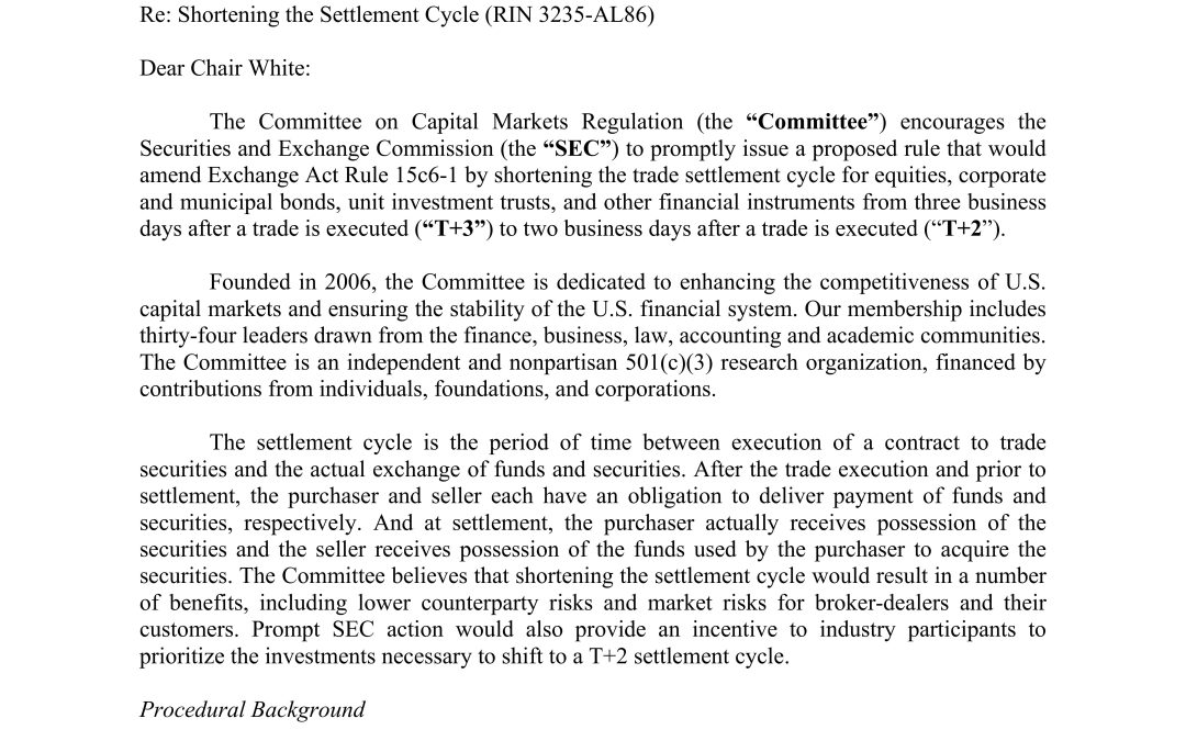 Comment Letter to the SEC on Shortening the Trade Settlement Period