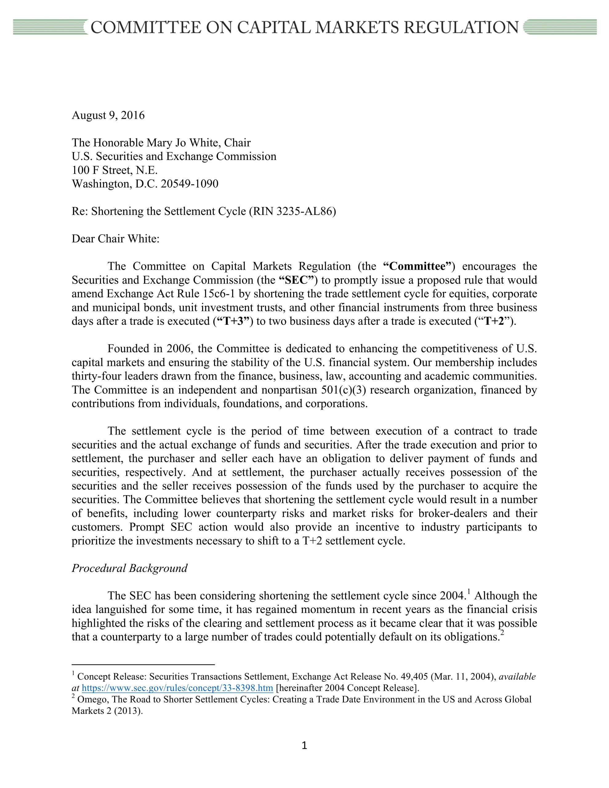 Comment Letter to the SEC on Shortening the Trade Settlement Period