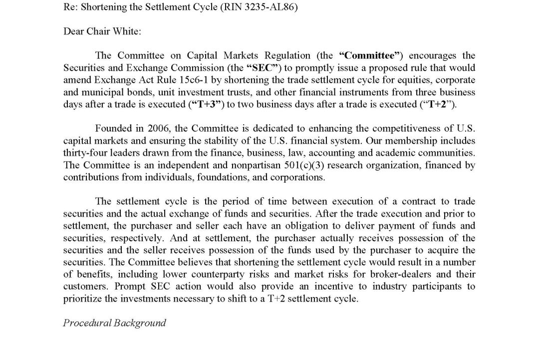 Comment Letter to the SEC on Shortening the Trade Settlement Period