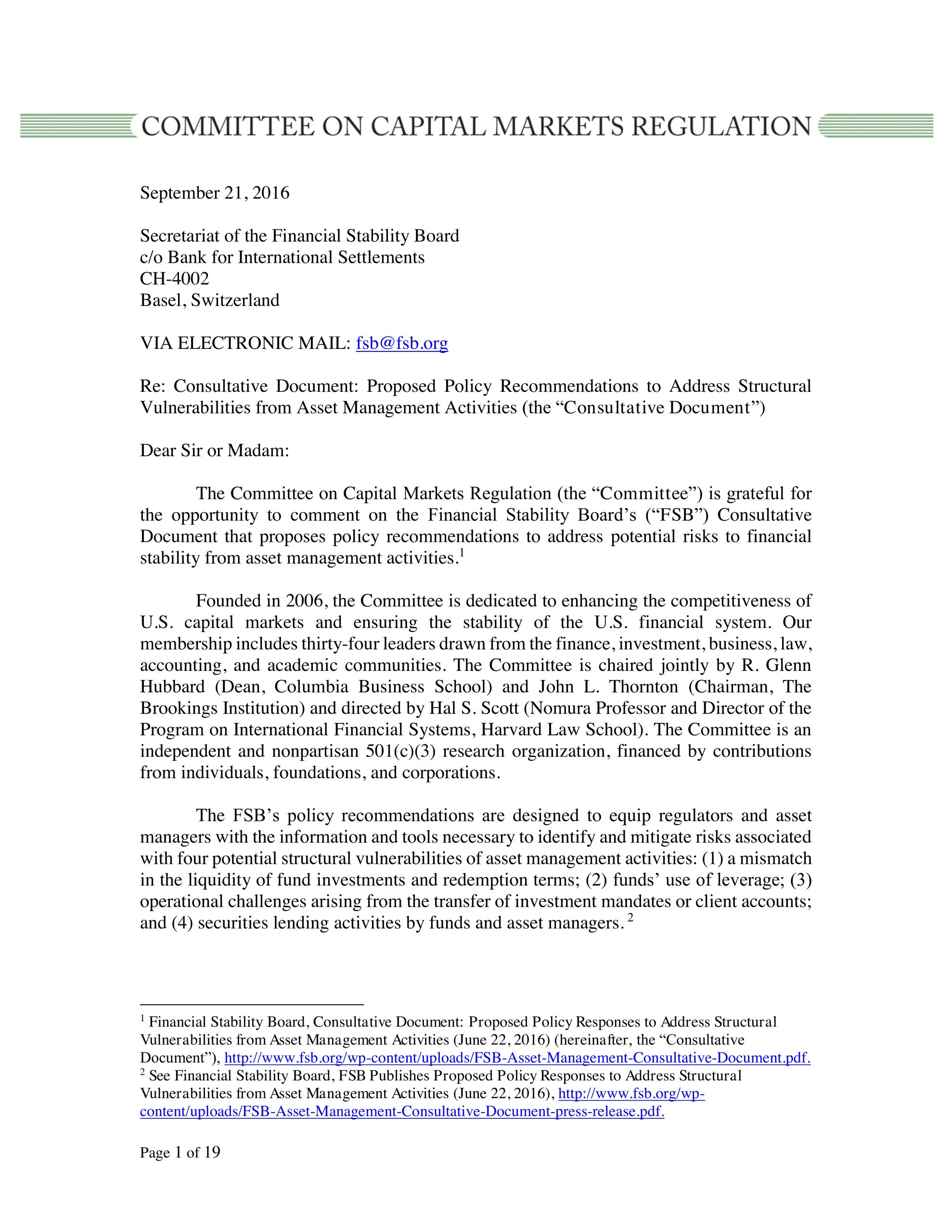 Comment Letter to the FSB regarding asset management activities