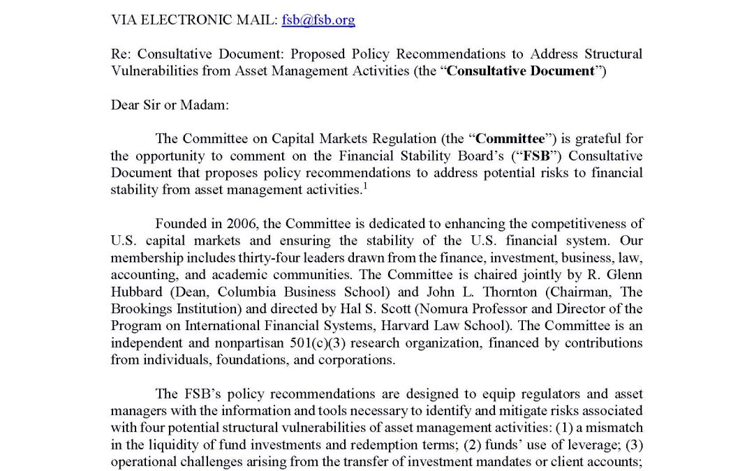 Comment Letter to the FSB regarding asset management activities