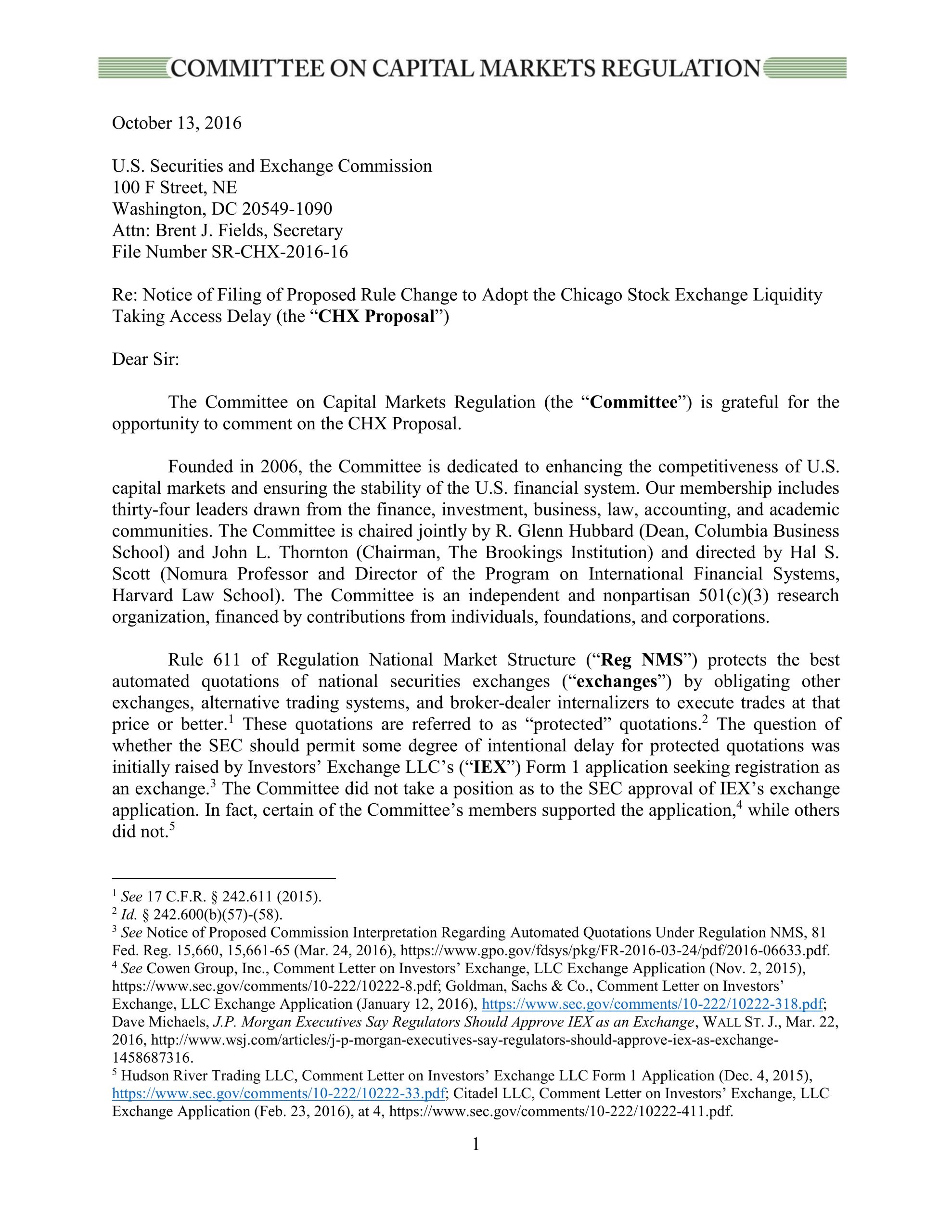 Comment Letter to the SEC Regarding the Chicago Stock Exchange’s Proposed Access Delay