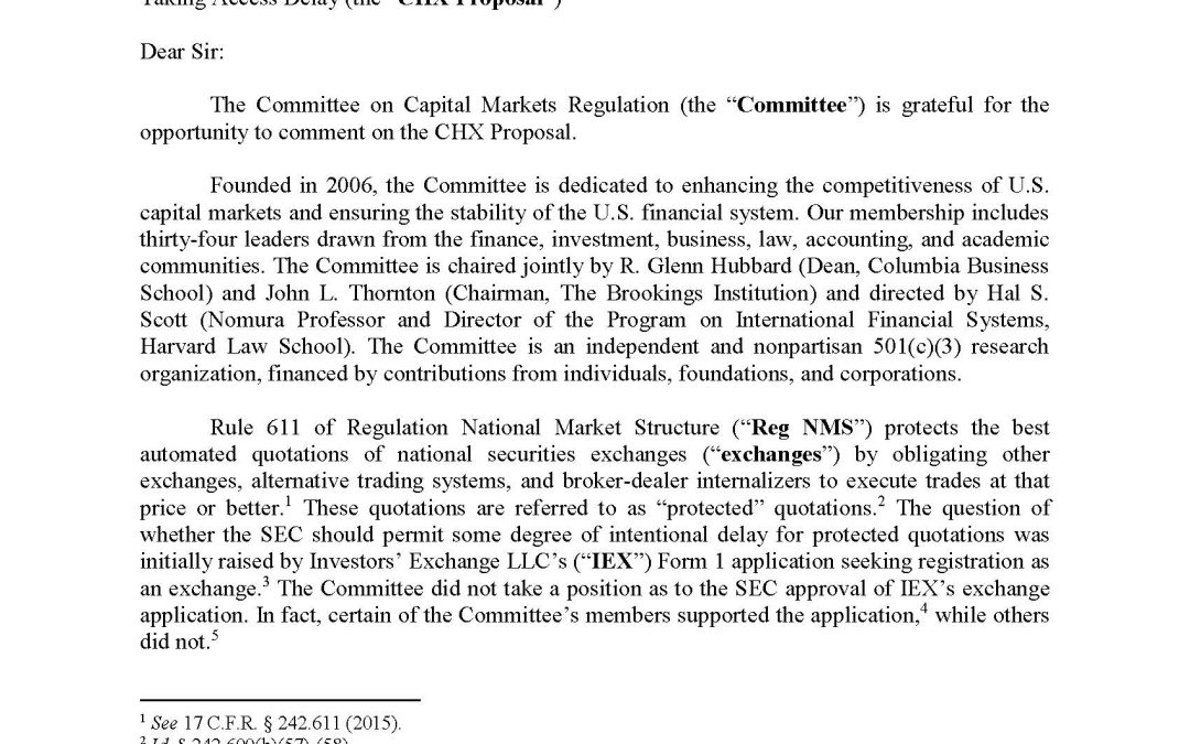 Comment Letter to the SEC Regarding the Chicago Stock Exchange’s Proposed Access Delay