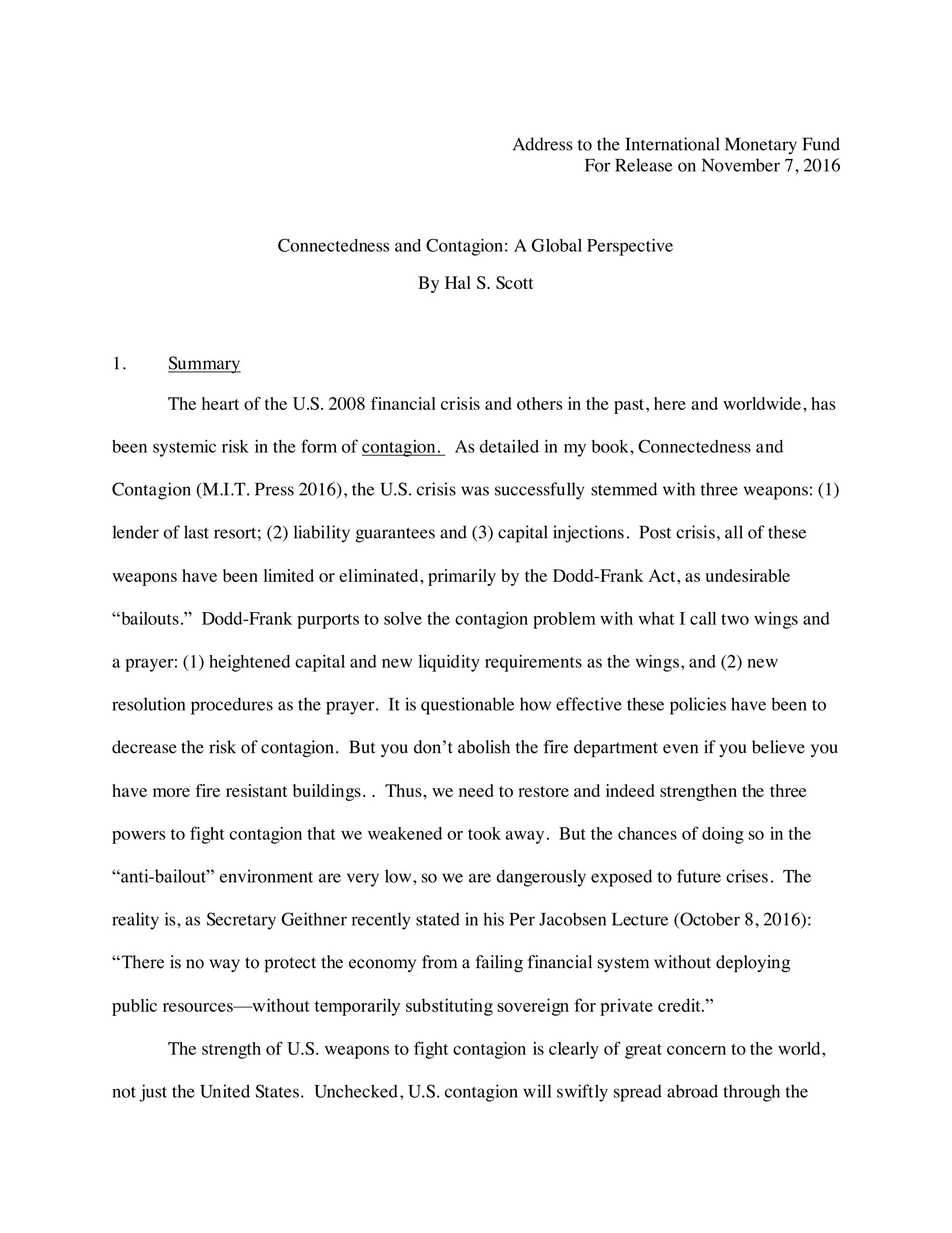 Report: Hal S. Scott Delivers Speech to International Monetary Fund on Connectedness and Contagion