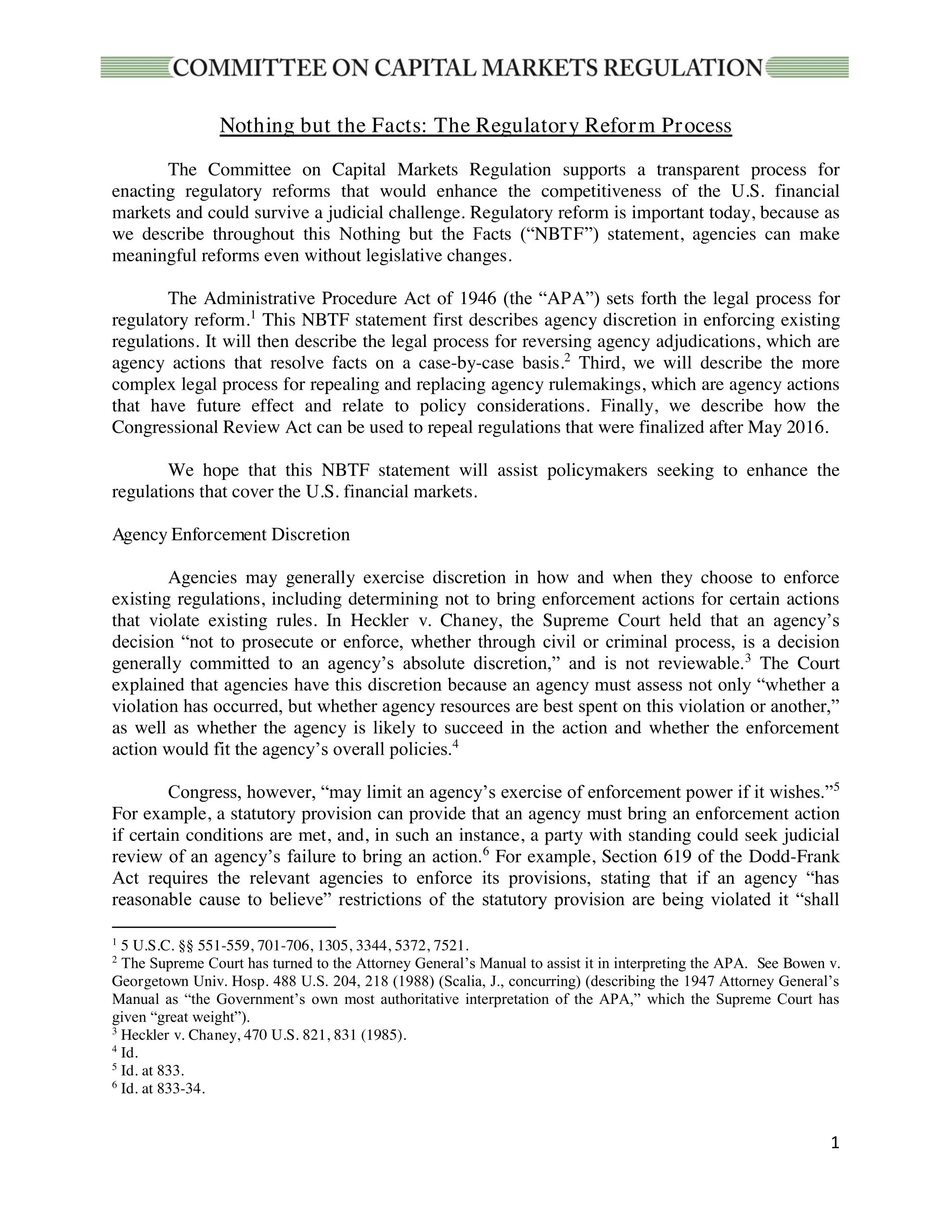 Nothing But The Facts Statement: The Regulatory Reform Process