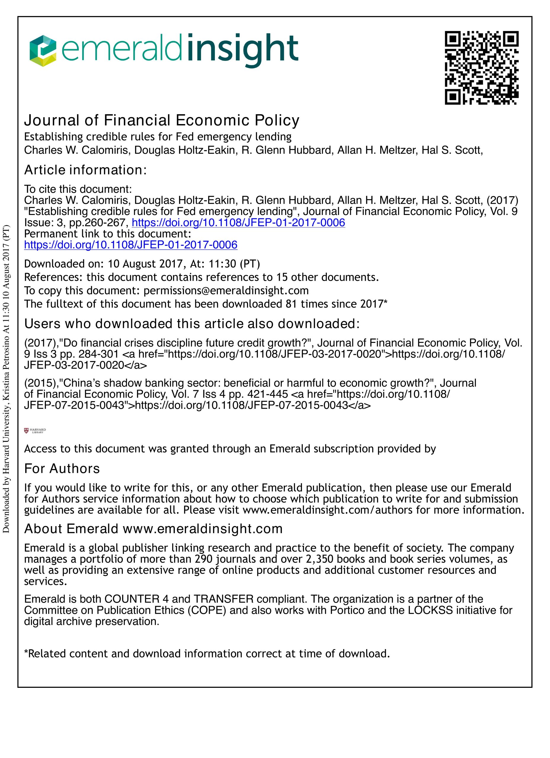 Report: Proposed Reforms to Establish Framework to Guide Emergency Lending